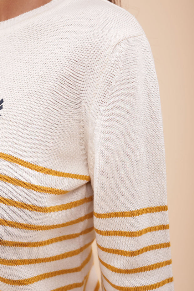 Maille tricotée et rayures jaunes : découvrez le pull LYOUM.