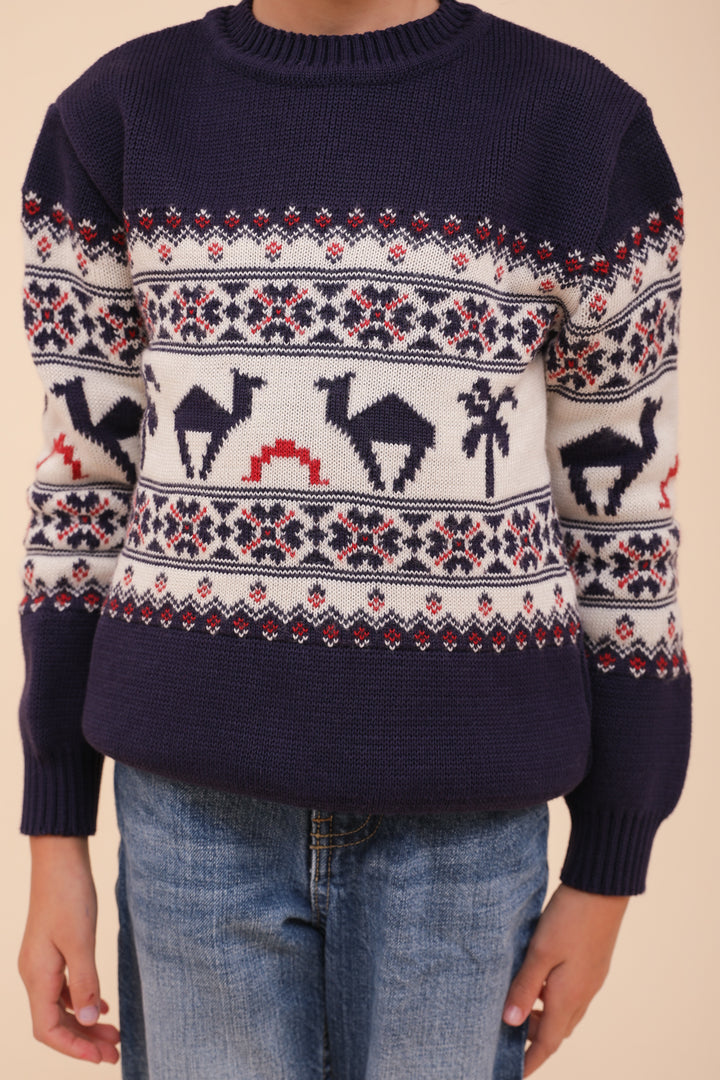 Zoom sur le motif du pull de Noël LYOUM bleu.