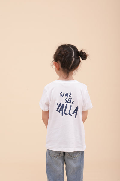 Nouveau tshirt 'Game, Set & Yalla' pour enfant by LYOUM. Couleur écru et belle sérigraphie au dos.