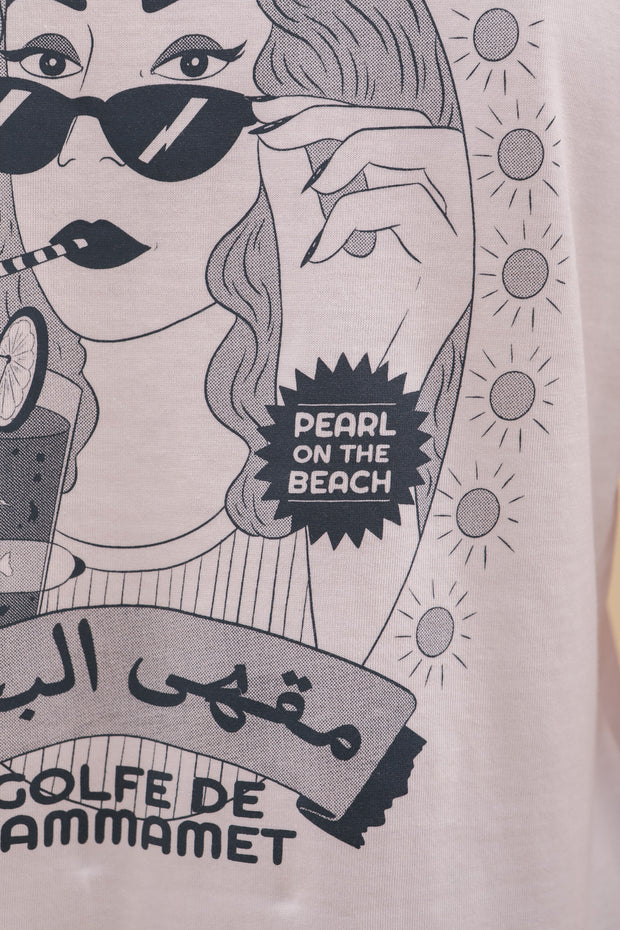 Une jolie illustration au dos. Message 'Pearl on the beach' pour la version 'Golfe de Hammamet'.