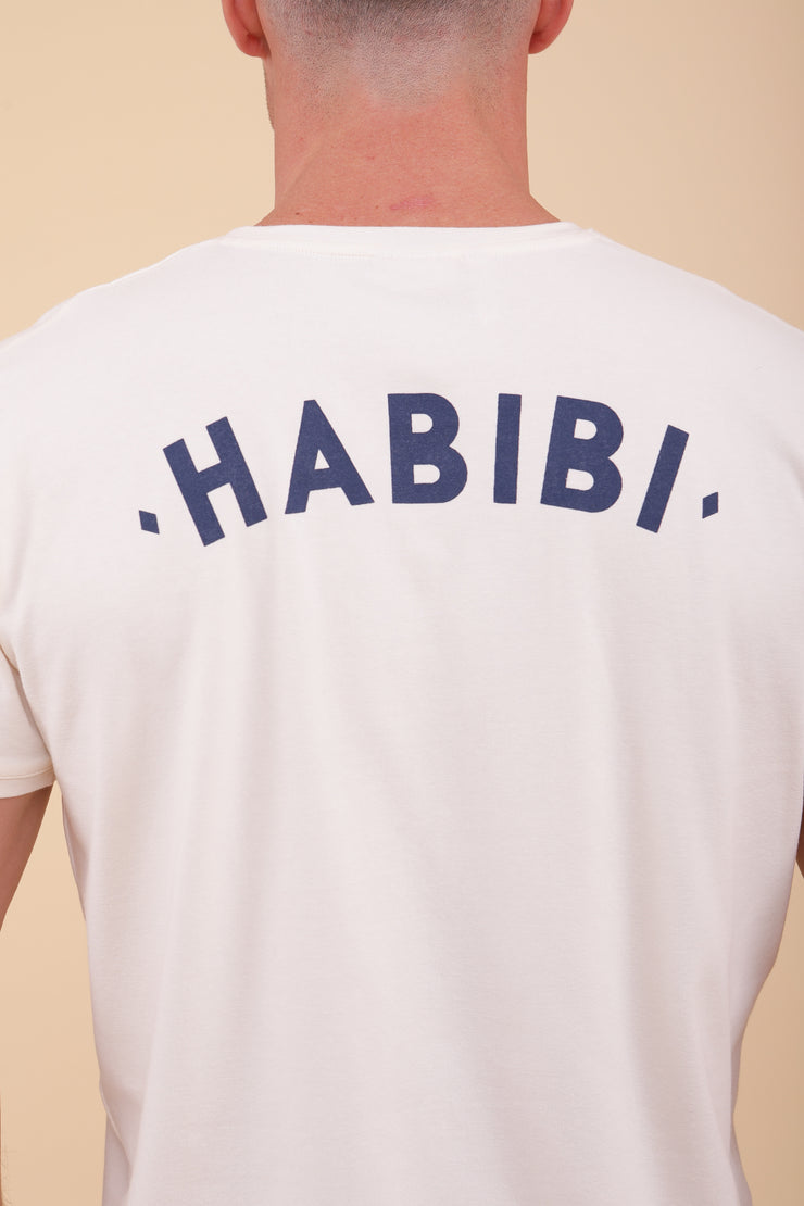 Habibi ('Mon Amour' en arabe) en sérigraphie bleu navy au dos.