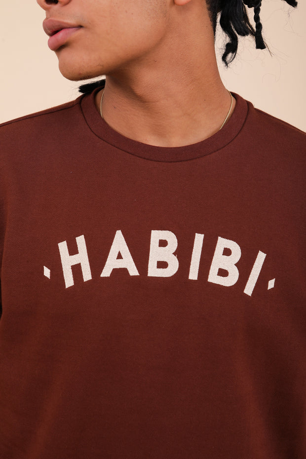 'Habibi' ('Mon amour' en arabe) brodé sur sweat tout doux couleur chocolat.
