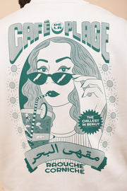 Illustration exclusive 'Café de la Plage' version Beyrouth / Raouche Corniche' imprimée au dos.