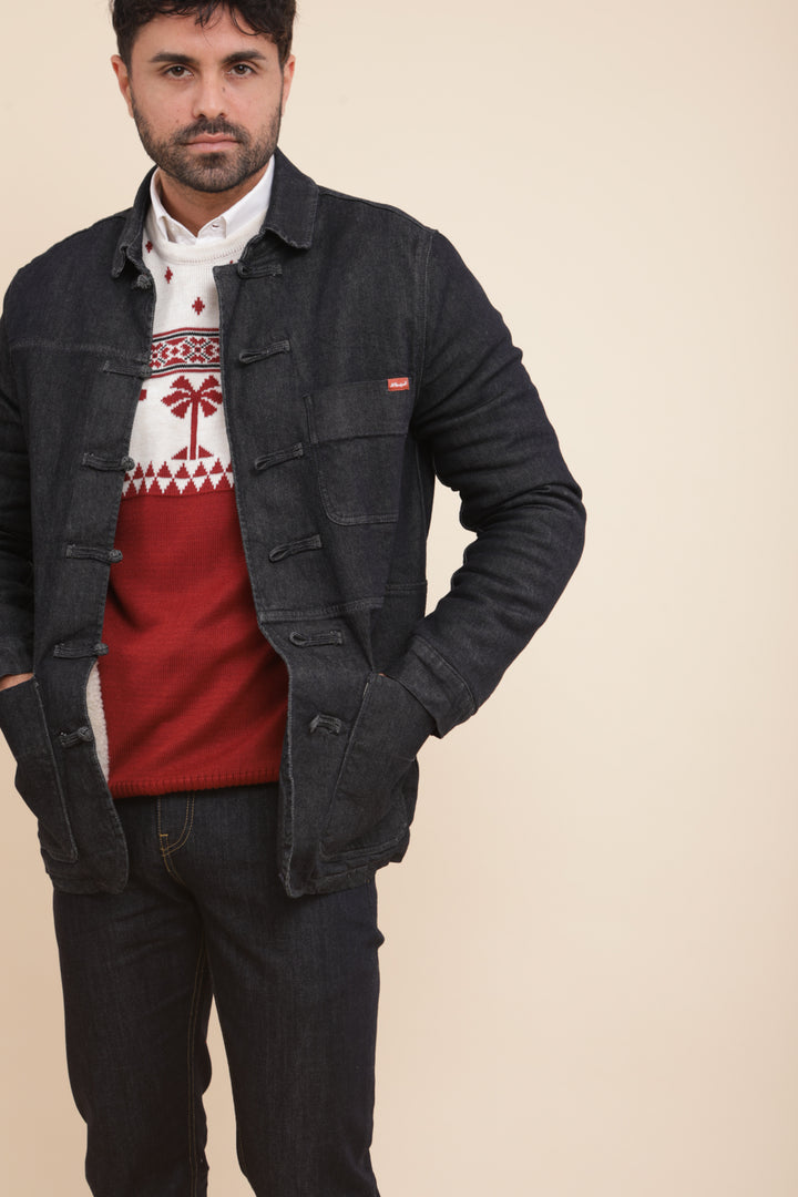 Dengri LYOUM pour homme, coupe droite et en denim lavé, est doublée en tissu 'faux monton' à l'intérieur. Photo de face