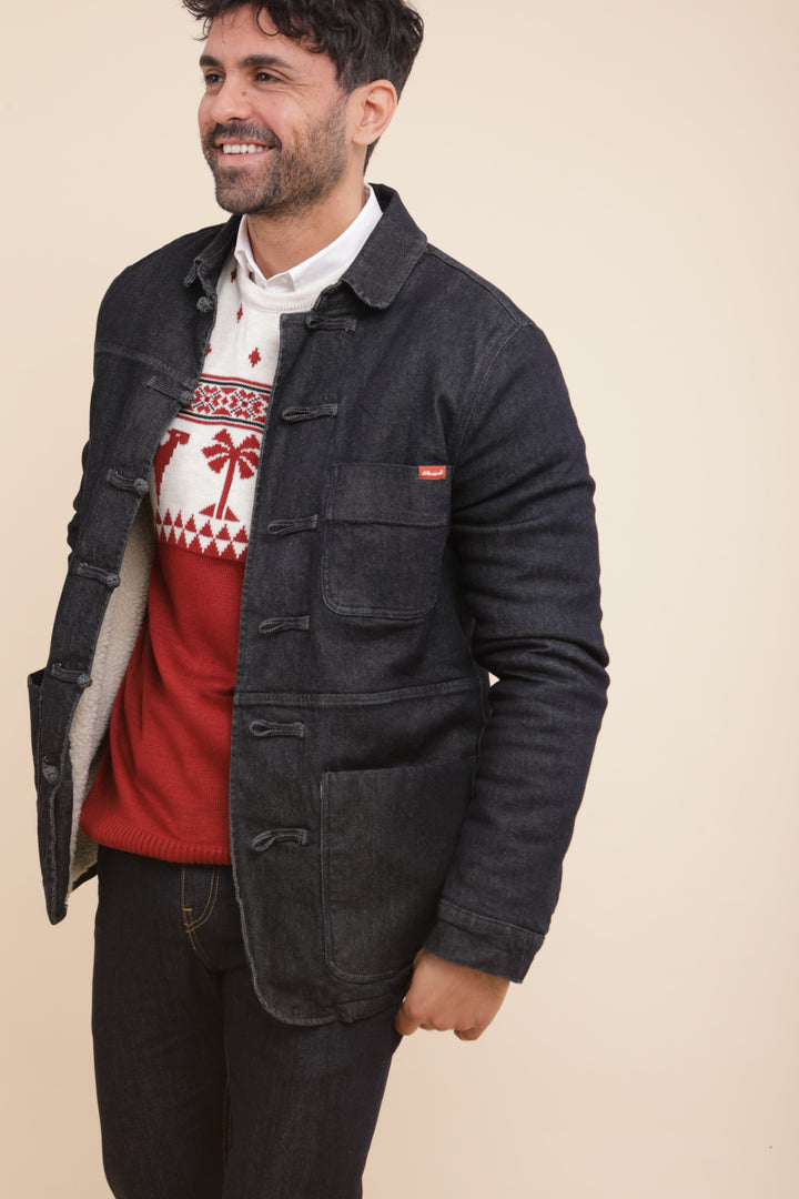 Dengri LYOUM pour homme, coupe droite et en denim lavé, est doublée en tissu 'faux monton' à l'intérieur. Photo de face.