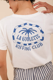 Une jolie illustration 'La Goulette Kiffing Club' sérigraphie sur le dos, un hommage à la tradition du melting pot tunisien; pour femmes by LYOUM et Stay Tunes.